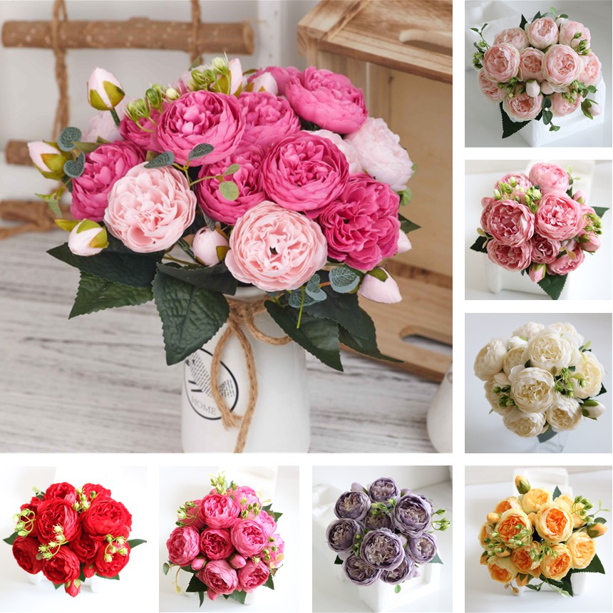 5 Heads Bunga Hiasan Artificial Flowers Roses Peony Bunches Home ...
