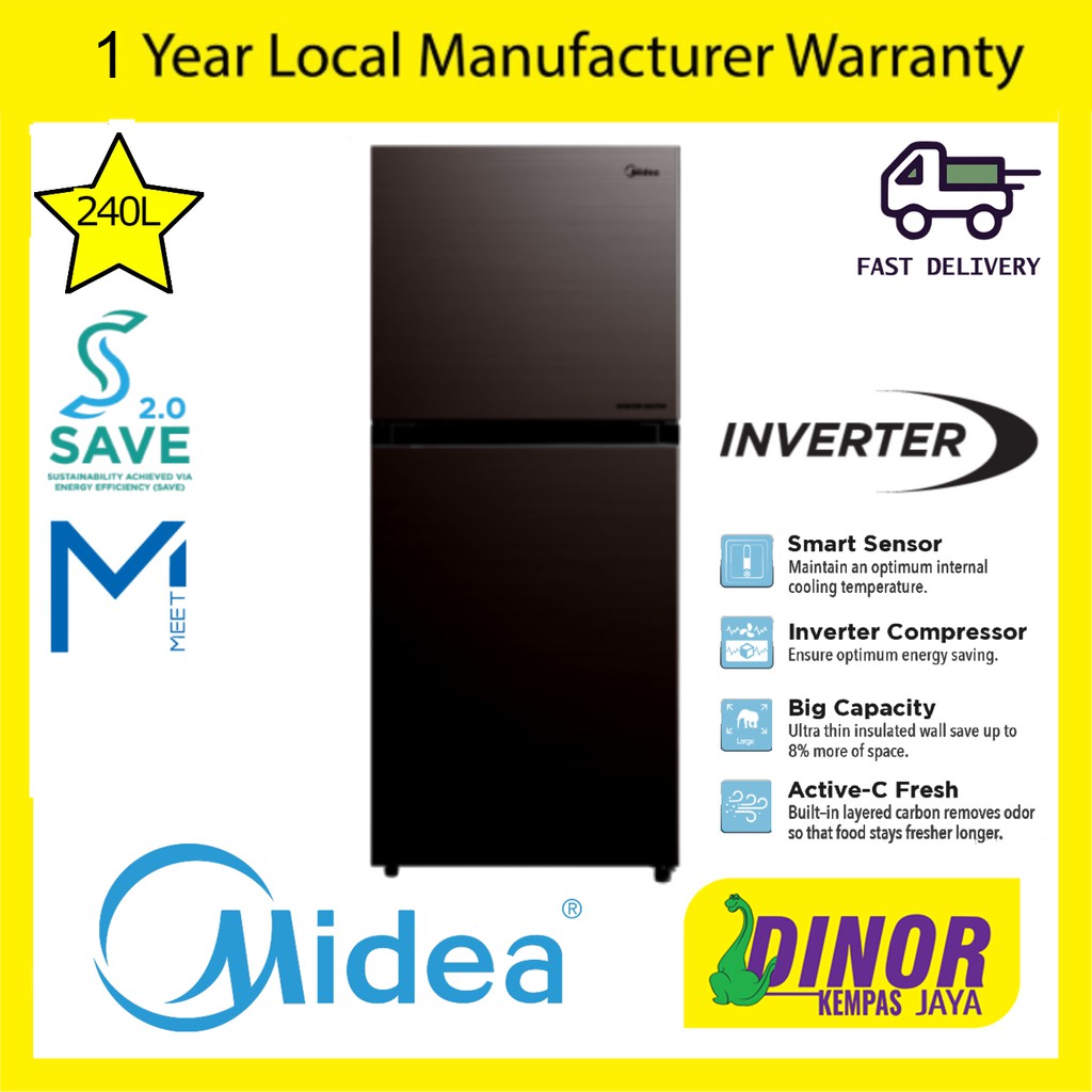 Midea 240L Inverter Quattro 2 Door Refrigerator MDRT307MTB28-MY Save 2 ...