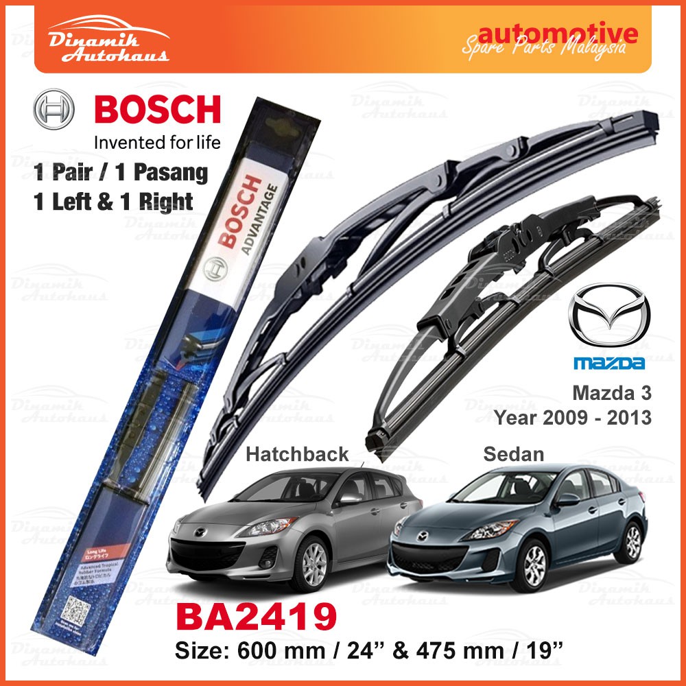 Mazda 3 Car Year 2009 To 2013 Front Windscreen Wiper Size 24" & 19