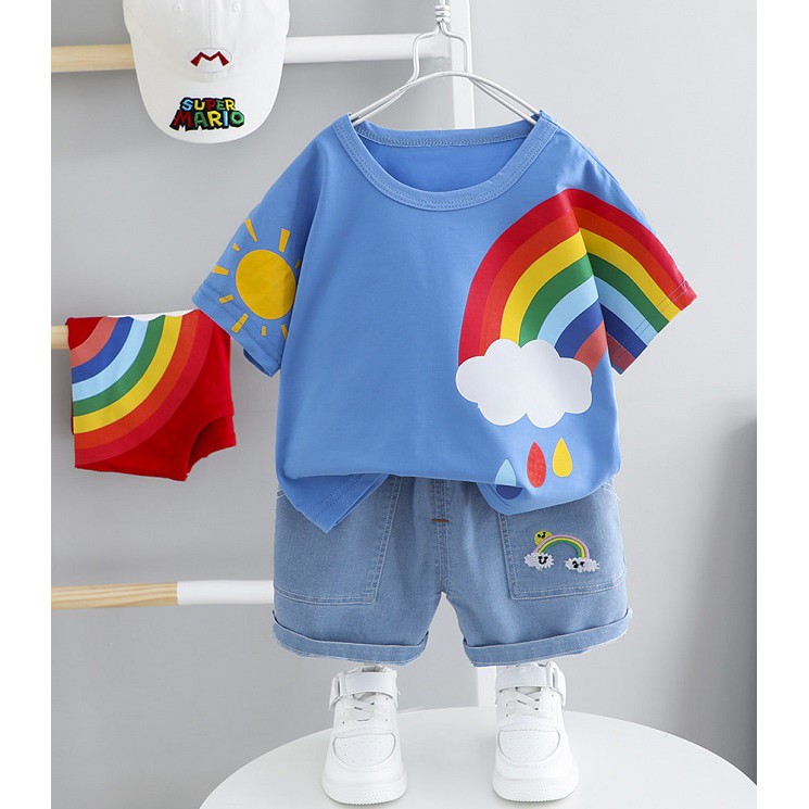 Summer Hot Selling Baby Kids Short Sleeves Cartoon Animals Pattern T-shirt and Striped Shorts Clothing Set main image 0