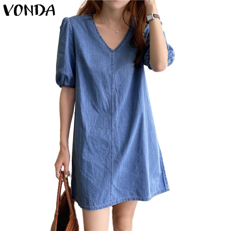 VONDA Women Casual Summer Korean Solid Color Short Sleeve V Neck Mini ...