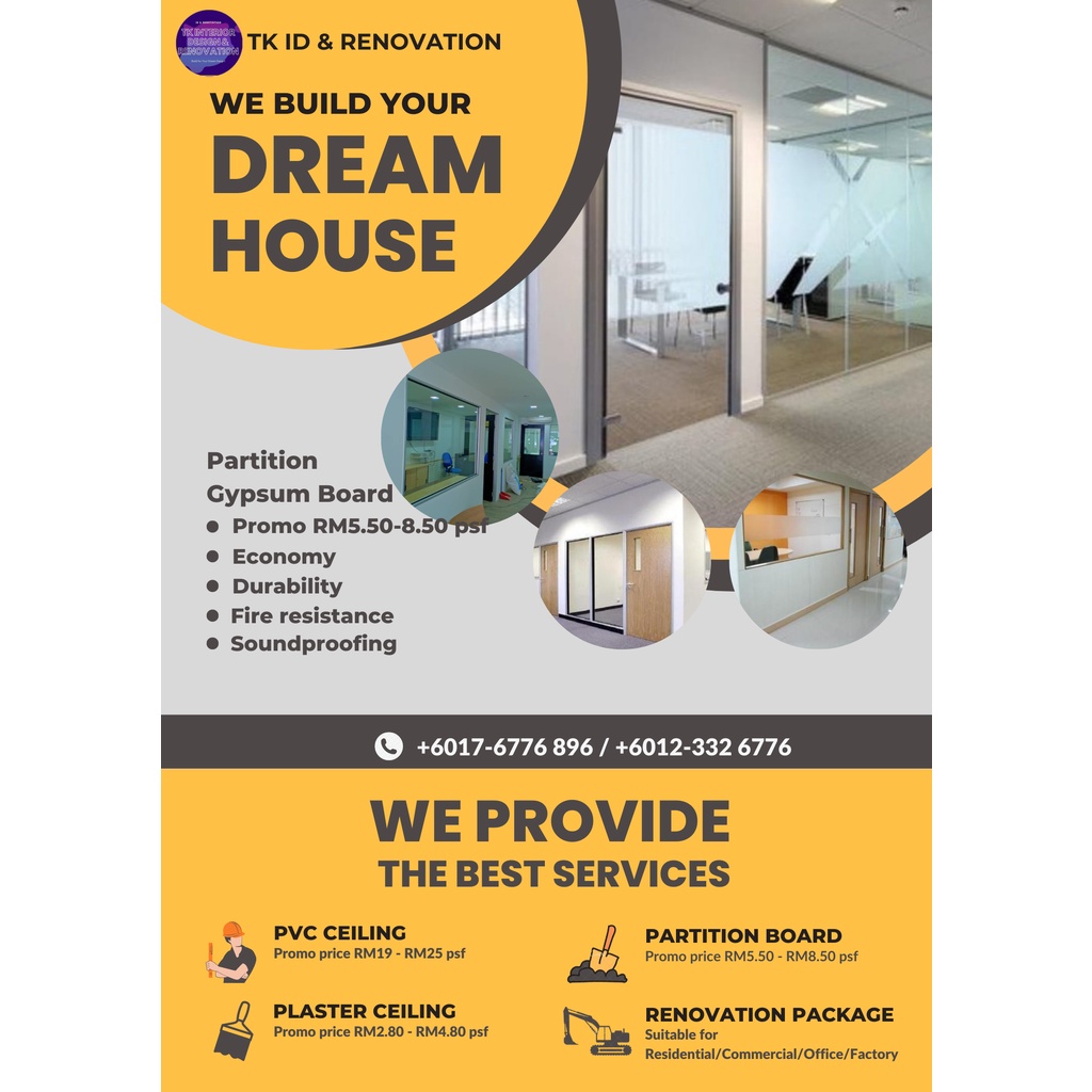 [Dinding Partition][Partition Wall] Supply & Install Plain Gypsum Board ...
