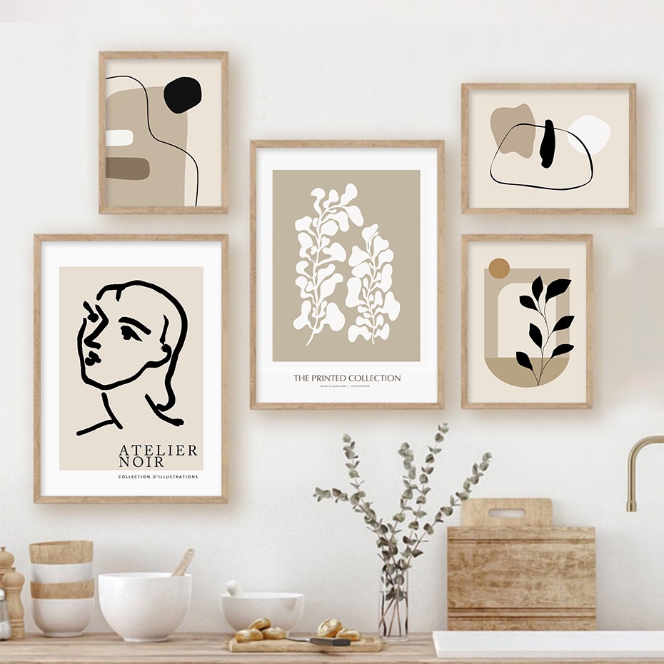 Abstract Face Line Leaves Beige Boho Posters Canvas Painting Wall Art ...