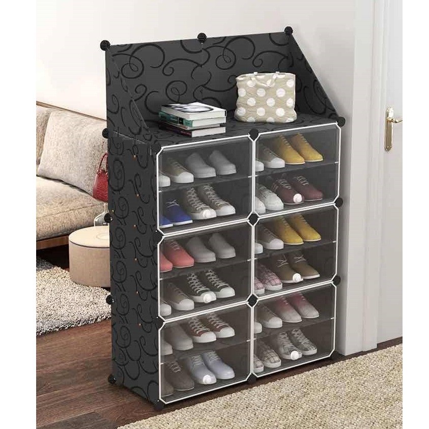 [READY STOK] PLAIN BLACK 12TIER 6BOX DIY SHOERACK WITH UPPER RACK ...