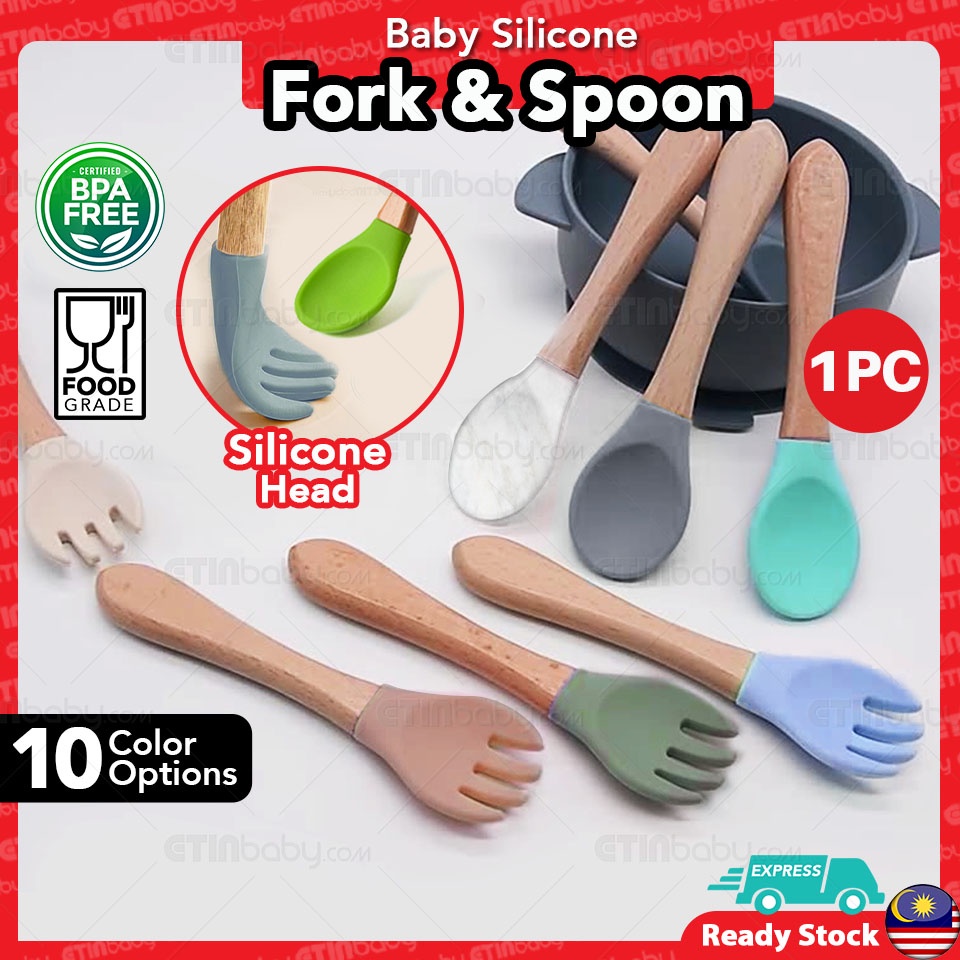 1pc Silicone Baby Feeding Spoon With Wooden Handle
