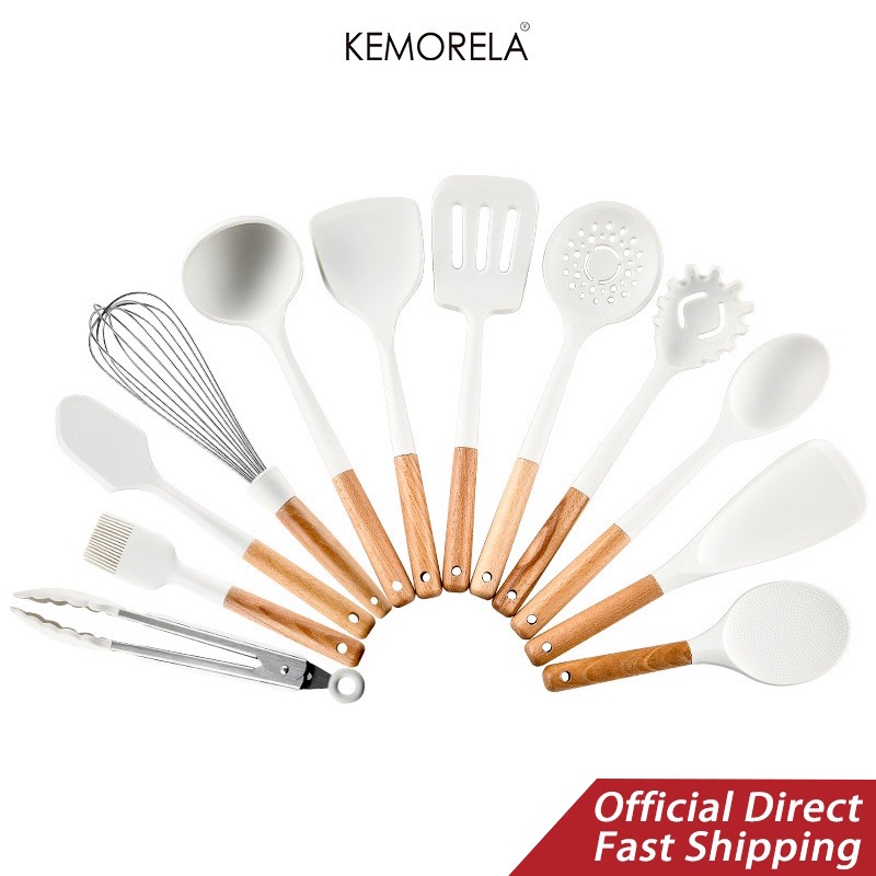 KEMORELA Modern Minimalist Silicone Kitchenware Set Spatula Solid Wood ...