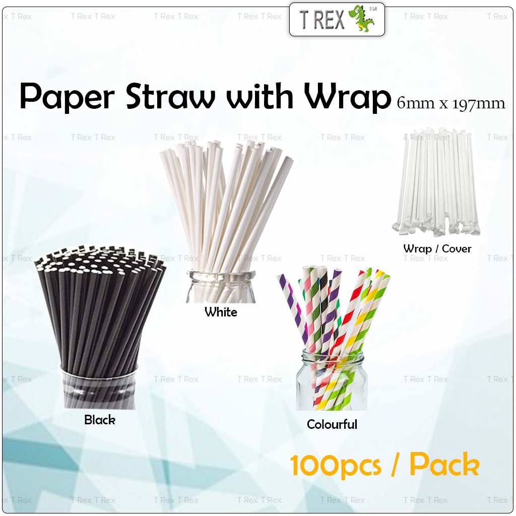 100pcs Paper Straw 6mm x 197mm Black / White / Colourful With Wrap ...