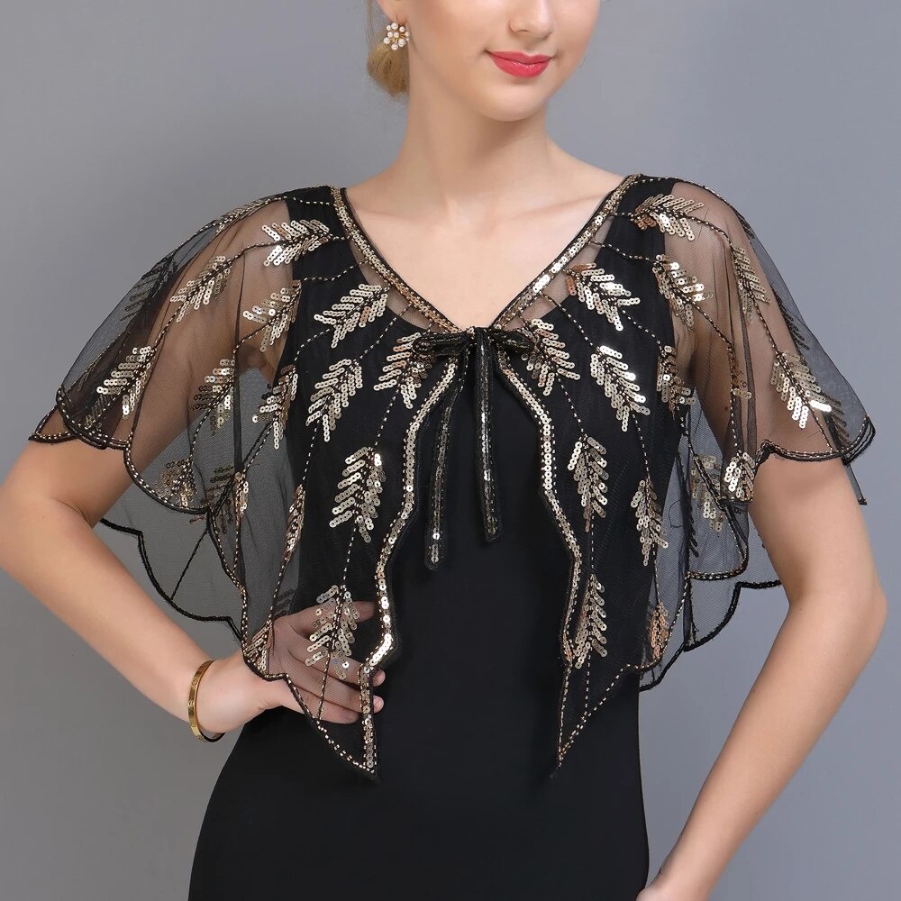 Retro 1920s Beaded Sequin Shawl Vintage Flapper Evening Cape Sheer Mesh ...