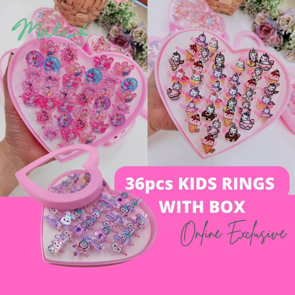 Kids Ring 36pcs Rings Set with box Cute Cartoon Unicorn Bear Rabbit ...
