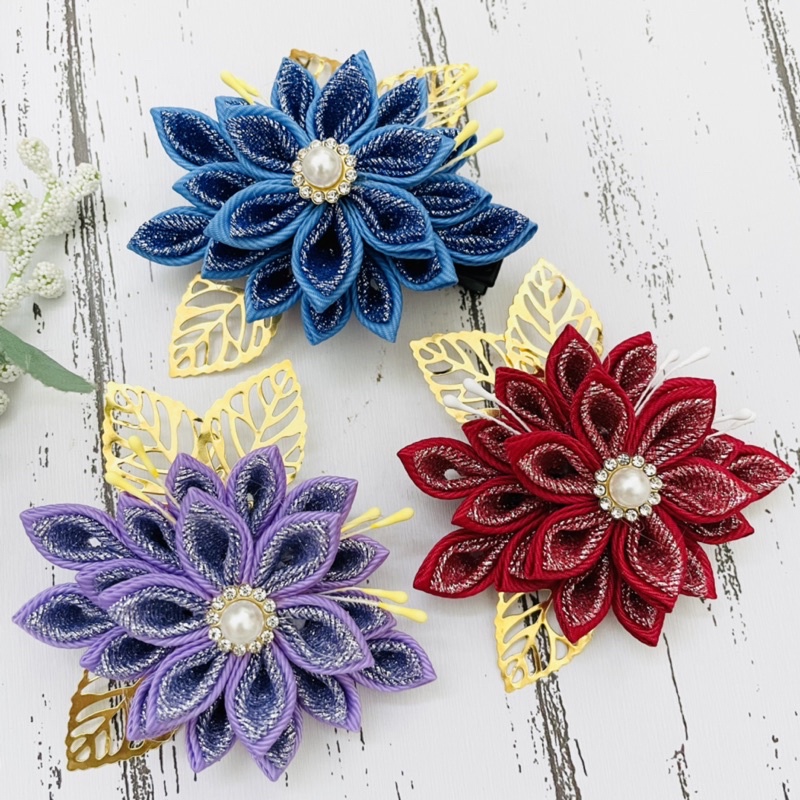J4 Handmade Sparkling Blue Purple Red Ribbon Flower Brooch/ Hair Clip ...