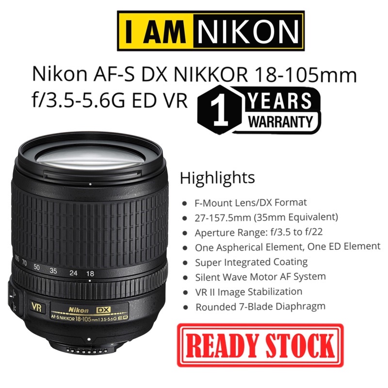 Nikon AF-S DX Nikkor 18-105mm F/3.5-5.6G ED VR original lens (1 year ...