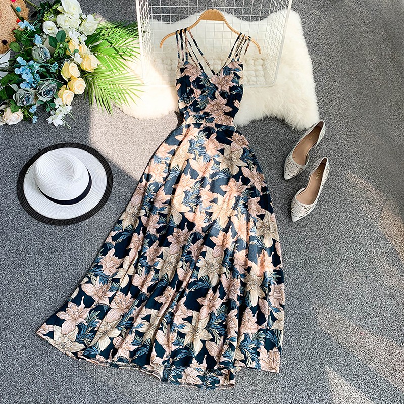 summer beach wear long dress women slim sexy vintage floral printed dresses Backless spaghetti strap maxi dress