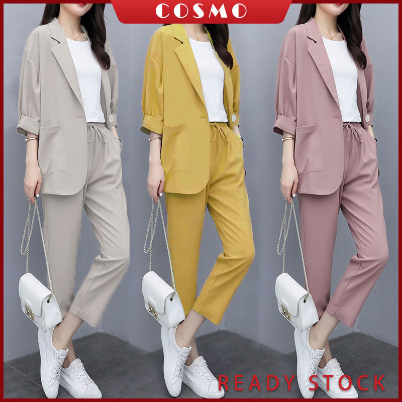 🔥COSMO Blazer Set 2PCS Half Sleeve Premium Formal Business Suit Korean  Version Office Blazer Summer 1/2 Sleeve Coat+pants Plus Size