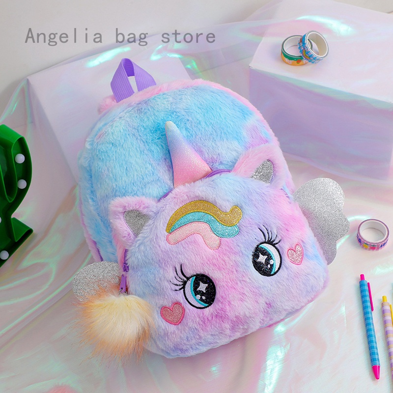Rainbow Fluffy Unicorn Backpack Plush Back To School Rucksack Zipper