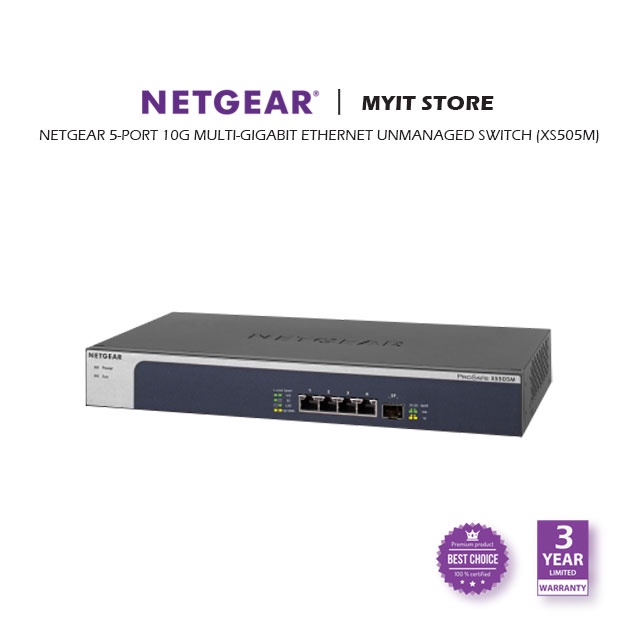 NETGEAR 5-Port 10G Multi-Gigabit Ethernet Unmanaged Switch (XS505M) - with  1 x 10G SFP+, Desktop or Rackmount, and Limited Lifetime Protection