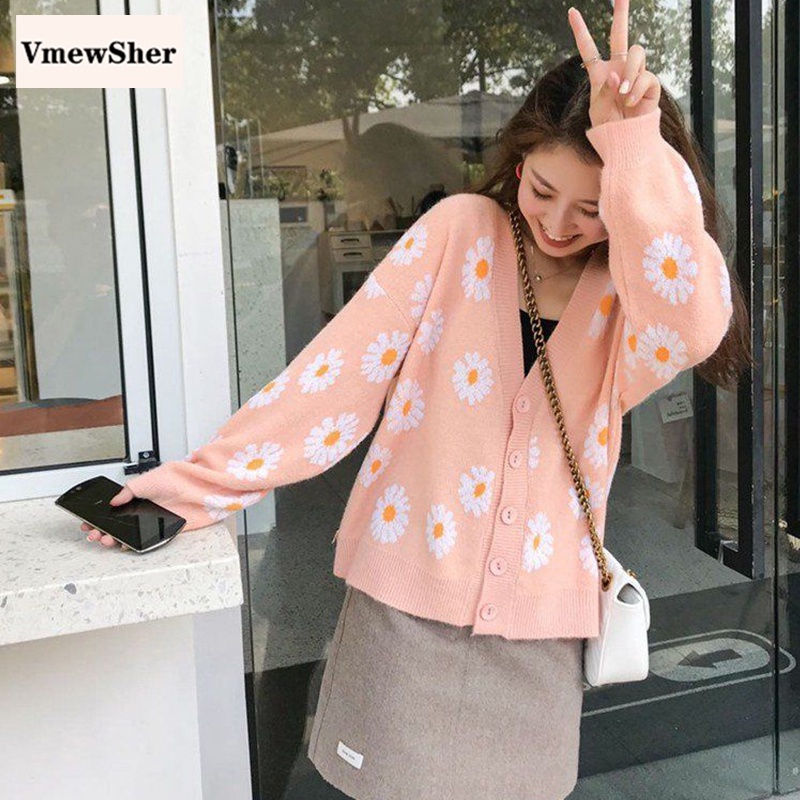 GETADME Lamtrip Kawaii Colorful Wheat Flowers Print Sweet V-Neck Cardigan Knitted Sweater