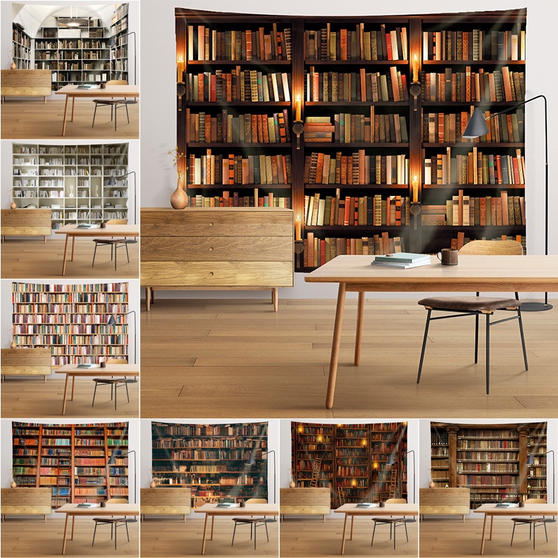 Bookshelf Wall Tapestry with Clips Bookcase Wall Background Polyester