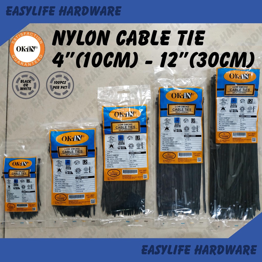 OKIN Cable Tie Heavy Duty Electrical Cable Tight Black / White 10cm(4