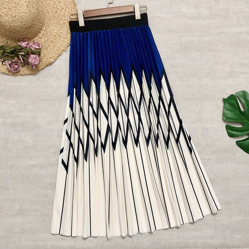 Women Long Skirts Rhombus Printing Plaid Patchwork Striped Cotton Midi ...