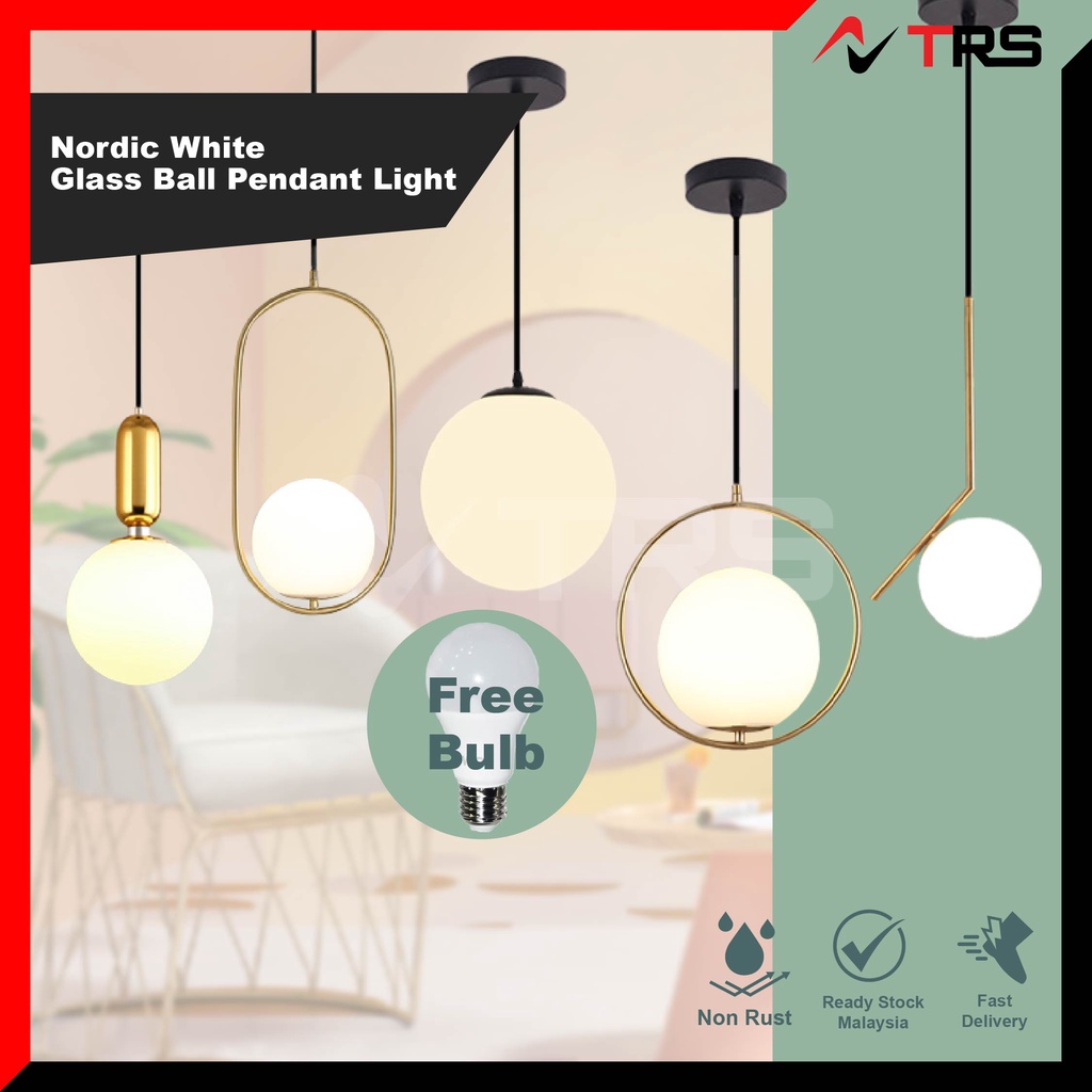 Nordic white glass pendant light round gold bracket FREE BULB ...