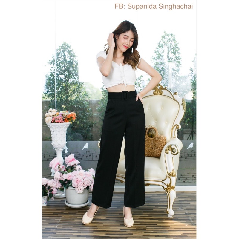 Cylindrical Pants Detailed Belt Back Zip 2 Side Pockets High Waist