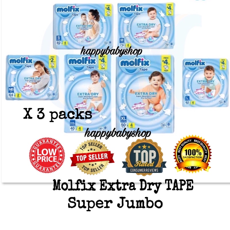 Molfix Extra Dry Super Jumbo Tape Diapers 3 Packs Nb S M L Xl Xxl Shopee Malaysia