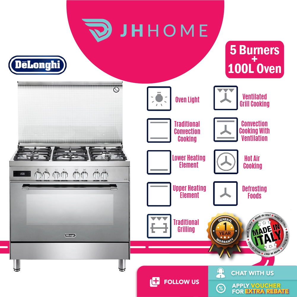 Delonghi 5 Sabaf Burners + Giant Electric Oven 100L Professional Range