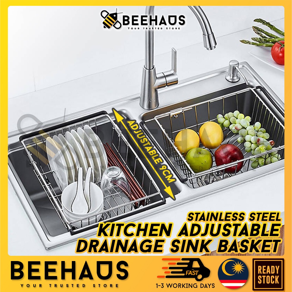 BEEHAUS Kitchen Sink Basket Stainless Steel Adjustable Drain Basket ...