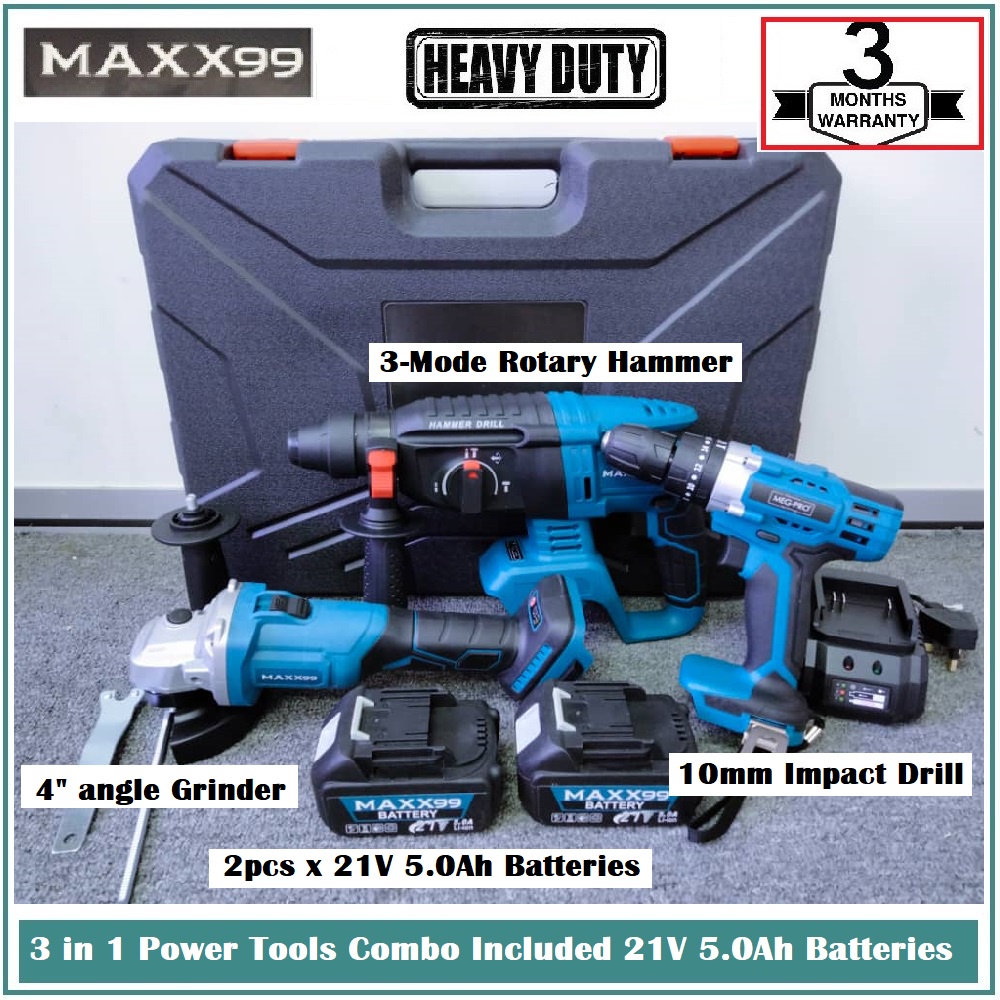 MAXX99 21V 5.0Ah Brushless Power Tool Set 3in1 Cordless Rotary Hammer- Angle  Grinder-Impact Drill with 2pcs Batteries 