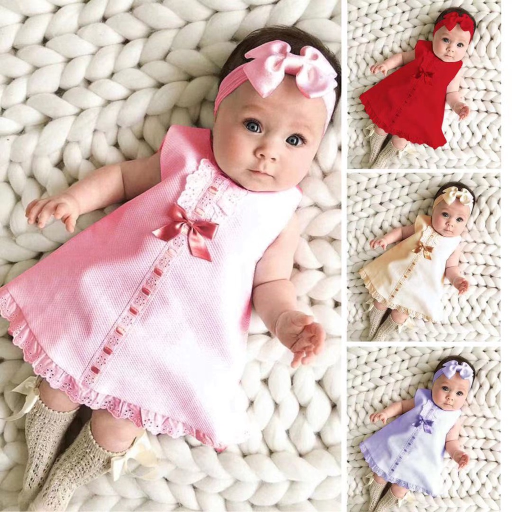 Baju Newborn Girl Baby Dress Sleeveless Casual Maxi Bow Dress Headband Set Outfit Fashion Lace baju kurung newborn girl Shopee Malaysia