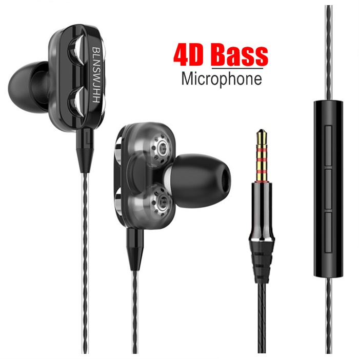 4D Bass Dual Speakers Earphone Black Wired Headset HiFi Stereo