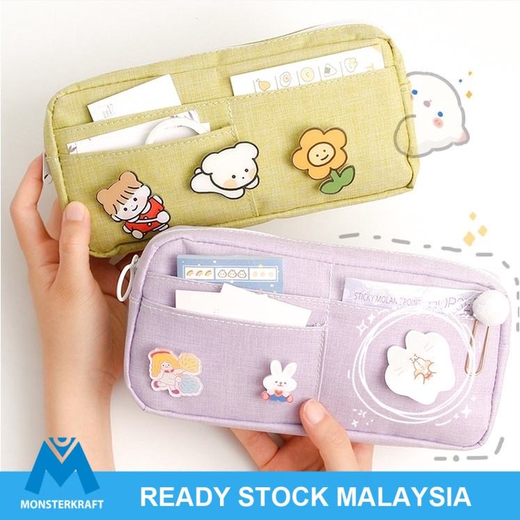 Kawaii Large Capacity Pencil Case Storage Canvas Pencil Bag Cute Makeup Bag with Badge Korean Large Pencil Box Shopee Malaysia