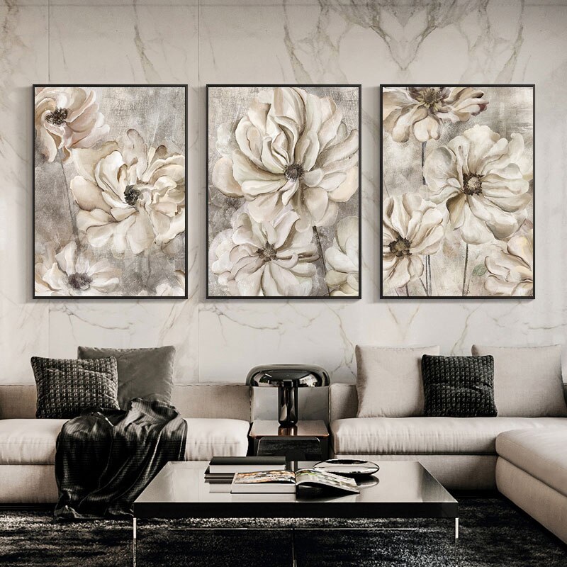 Astrdecor Flower Canvas Painting Grey Floral Wall Art | Shopee Malaysia