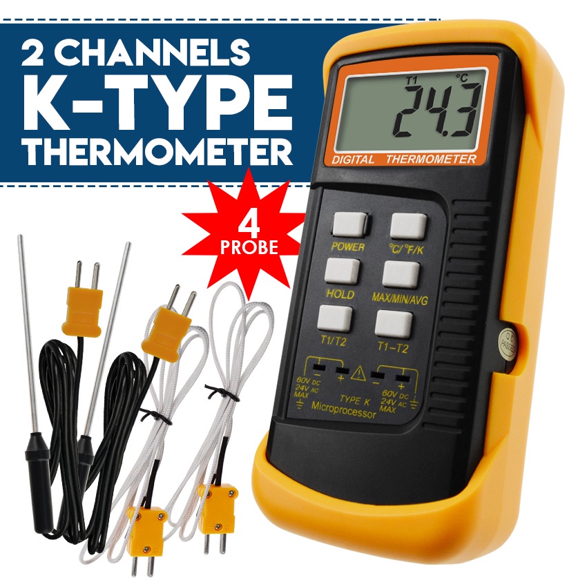 Digital 2 Channels KType Thermometer w/ 4 Thermocouples (Wired