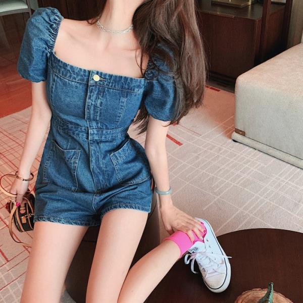 Denim Jumpsuit Women's 2022 Summer Invisible Open Crotch Fashion  Waist-Controlled Workwear One-Piece Shorts Cropped