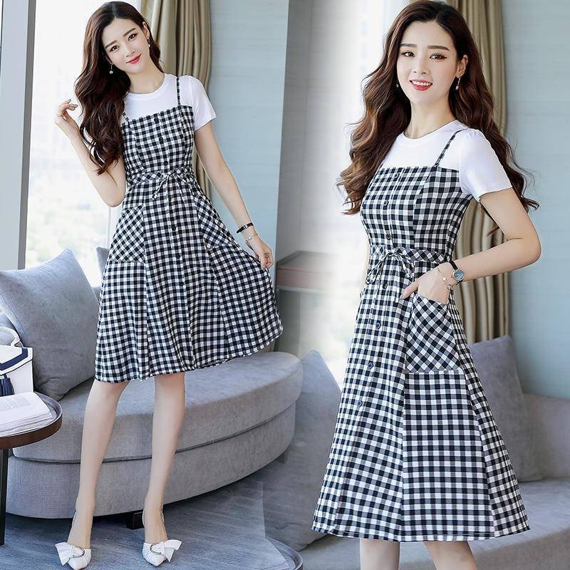 New Summer Women Fashion Suspender Plaid Dress Slim Slim Waist Mid ...