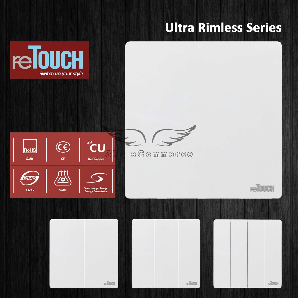 reTouch White Ultra Rimless Switch 1 2 3 4 Gang 1 Way 2 Way Bell ...