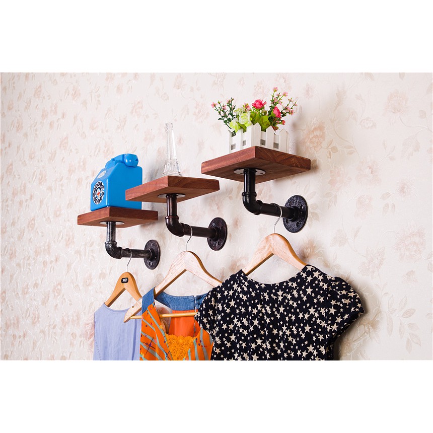Solid Wood Wall mount Rack Multifunction Iron Water Pipe Wooden Wall ...
