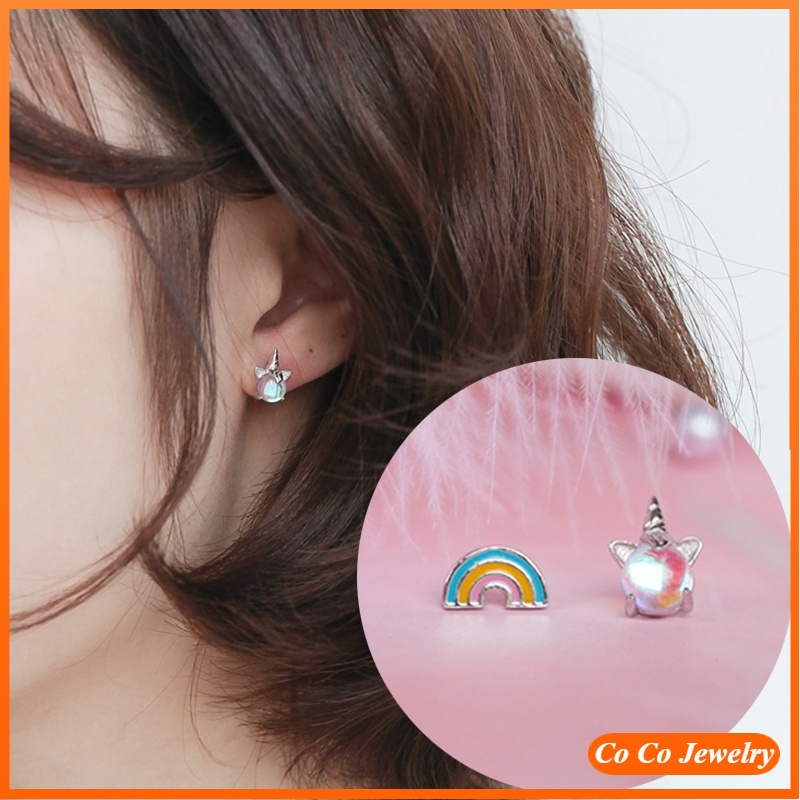 COCOJEWELRY Anting Stud Earrings Women Fashion Unicorn Rainbow Earring
