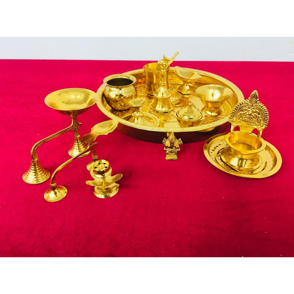 Gold Plated 15 Pieces Full Pooja Set Meenakshi Pooja Set