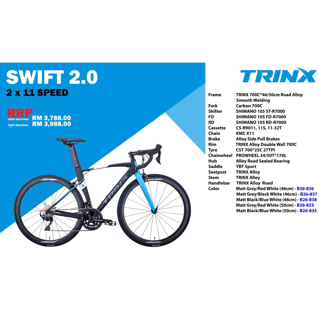 TRINX BICYCLE SWIFT 2.0 ROAD BIKE SHIMANO 105 Free Shipping Harga Price Nego Shopee Malaysia