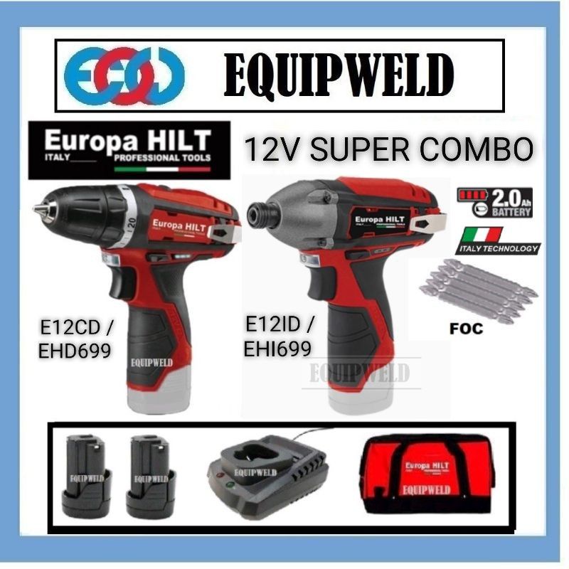 EUROPA HILT 12V COMBO (E12CD + E12ID) CORDLESS COMPACT DRILL + IMPACT ...