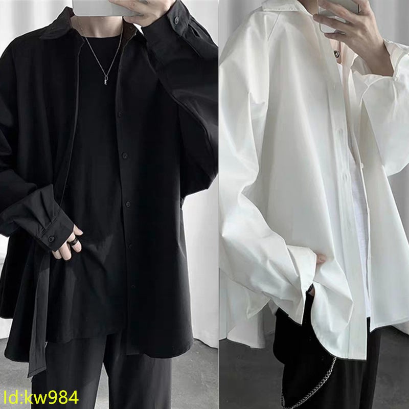 Long-sleeved shirt men's Korean version of the trend loose dark black ...