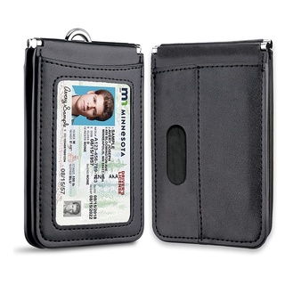 ID Card Holder | Vinyl Faux Leather Wallet Card Slot | Clip-On Lanyard Badge Carrier for Work Office