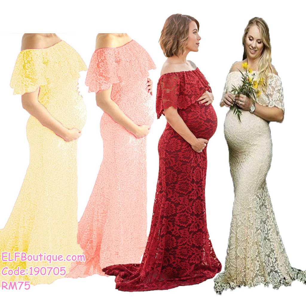 Ready Stock European Woman Maternity Off Shoulder Lacey Photography Maxi Dress 190705 Shopee