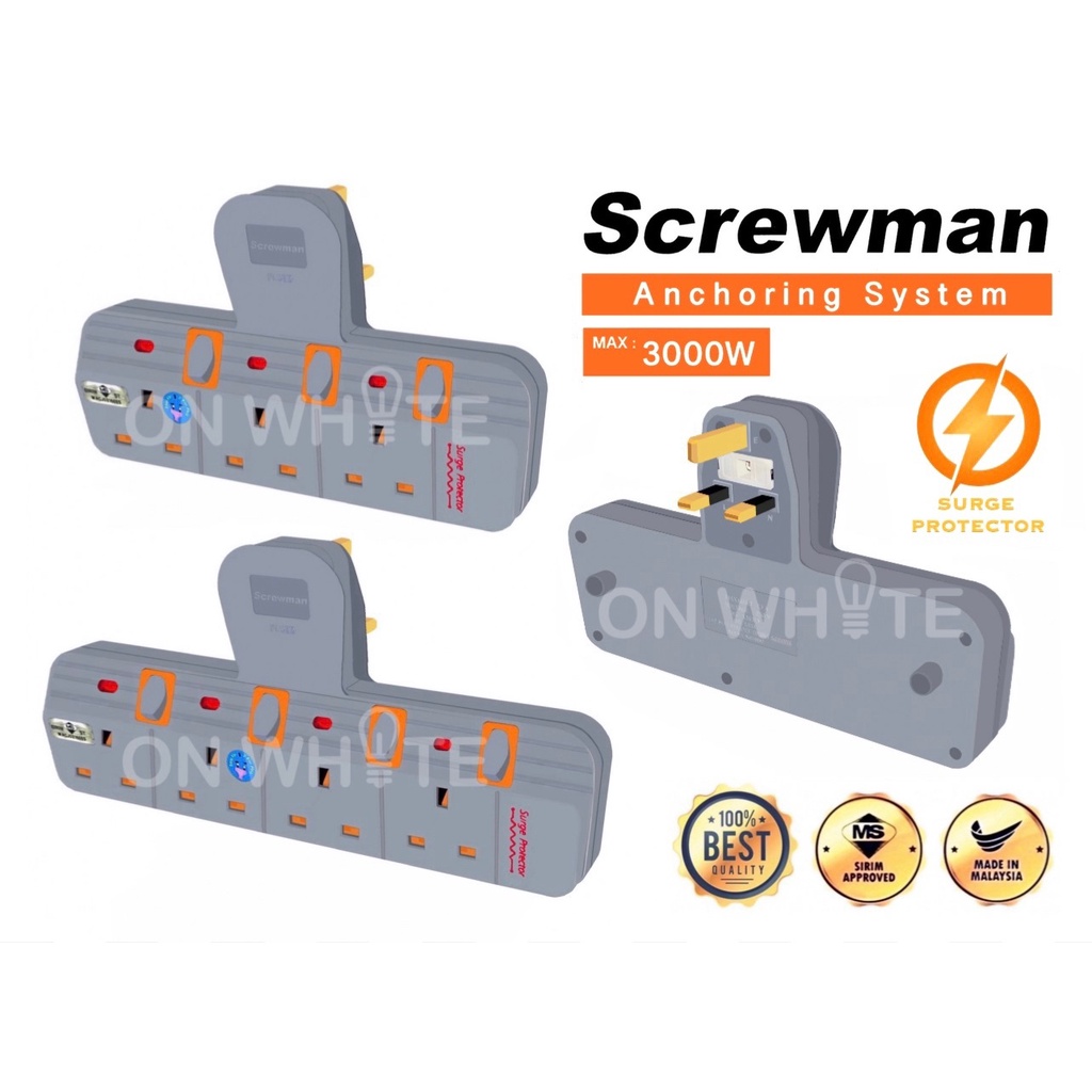 SCREWMAN 3Way / 4Way T-Adaport 3Pin Plug Socket T Wall Extension SIRIM ...