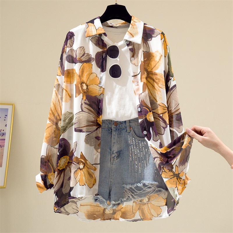 Flower Blossom Women Printed Shirt Women's Long Sleeve 2022 Spring/Summer  Korean Style Loose Square Collar Retro Hong Kong Style Chiffon Top Floral  Shirt