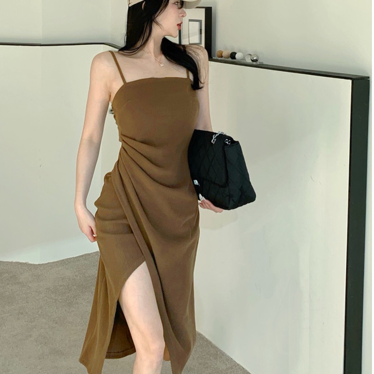 Korean Solid Color Sling High Waist Split Dress New Women's Pleated ...