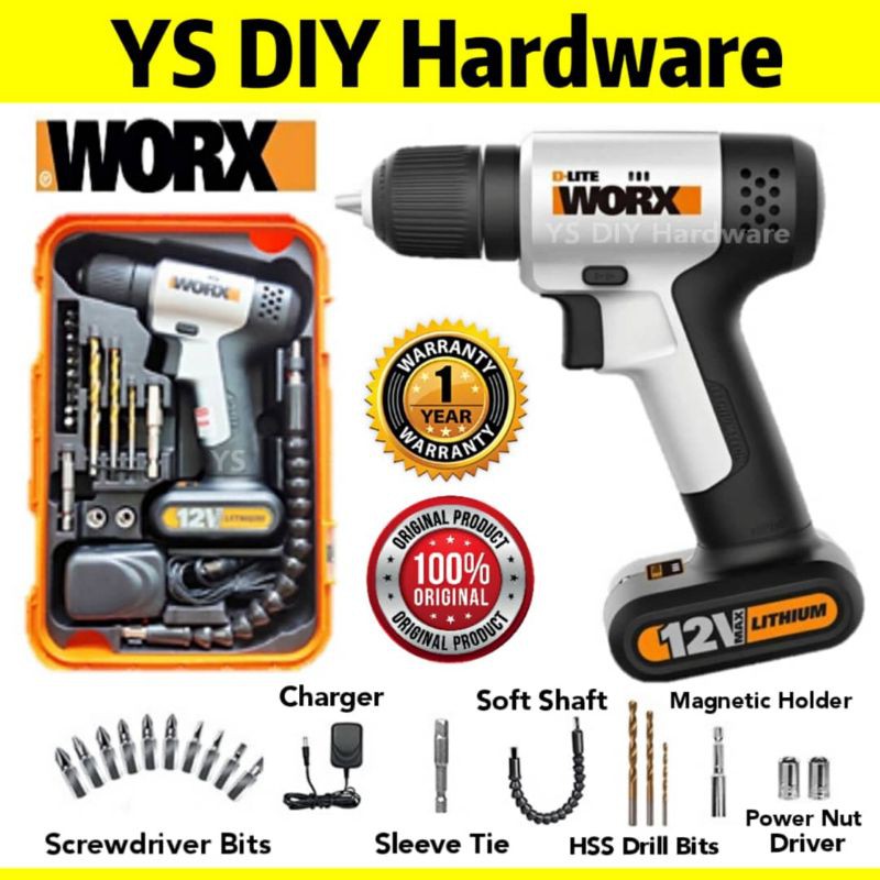 Worx WX104.2 12v 10mm D Lite Driver Drill With 18x Accessories