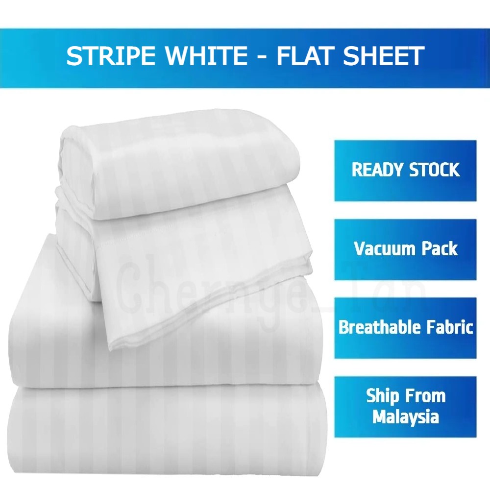 🔥SALE🔥 3CM Stripes White Flat Sheet / Bed Sheet Cadar ALL SIZE For